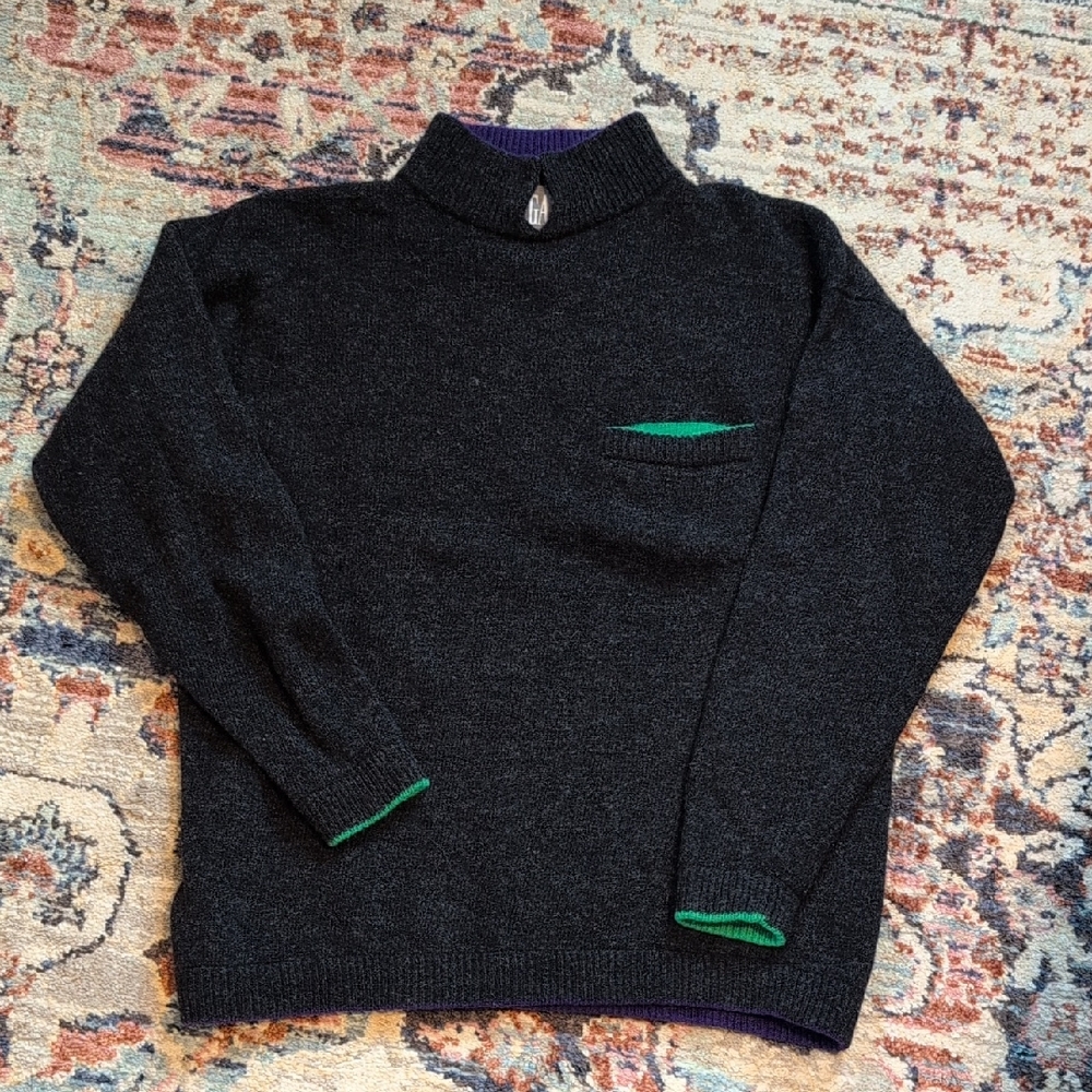 GAP Vintage 100% Lambswool Charcoal Sweater with Green And Purple Details
